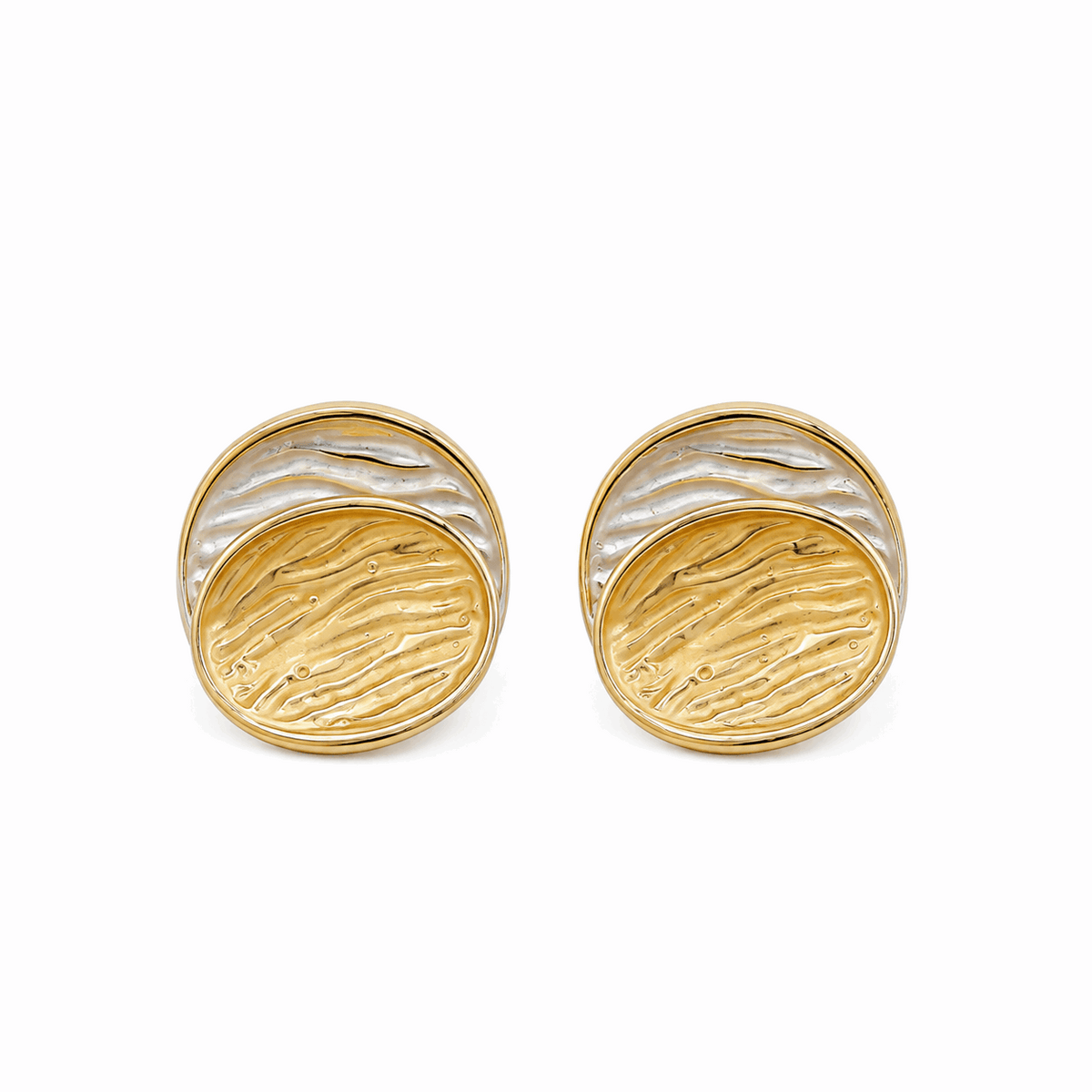 Two Tone Gold & Silver Textured Round Stud Earrings for Women