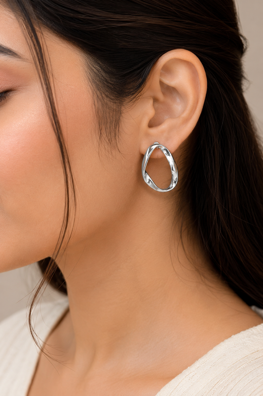Silver Abstract Open Loop Stud Earrings for Women | Modern Statement Earrings