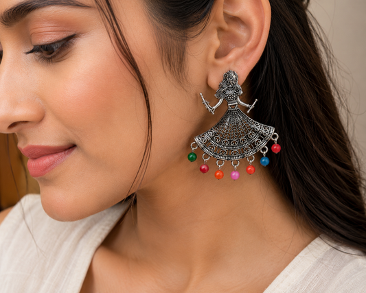 Oxidised Silver Dandiya Girl Earrings with Multicolor Beads for Women