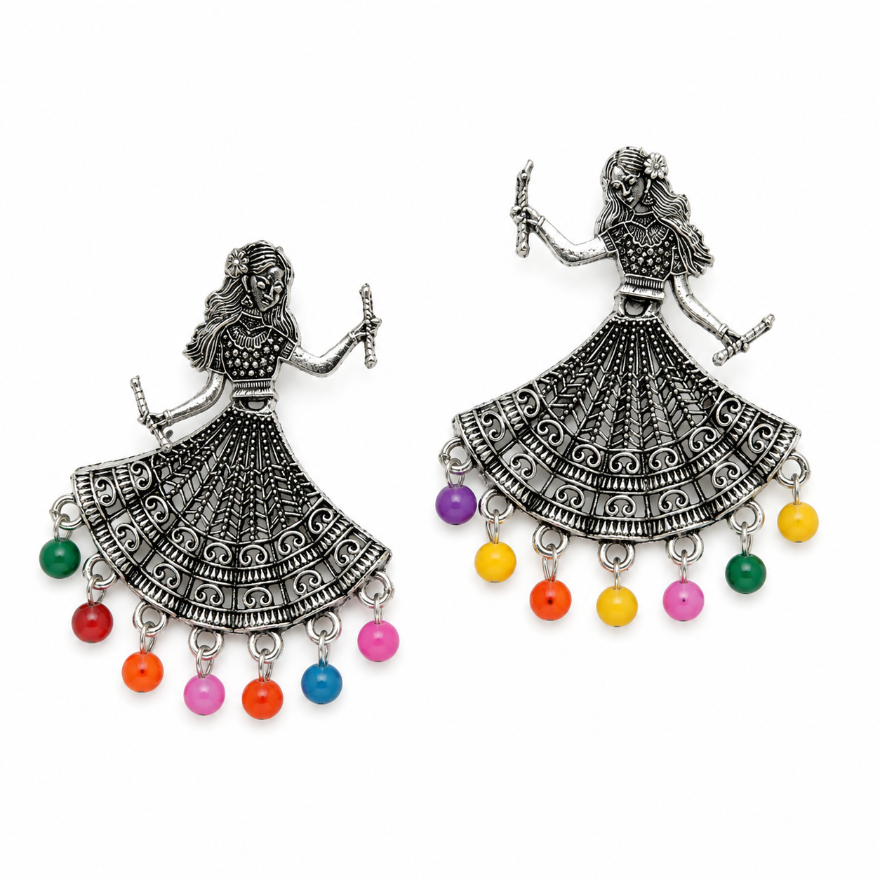 Oxidised Silver Dandiya Girl Earrings with Multicolor Beads for Women