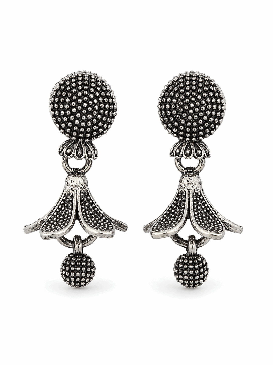 Oxidised Silver Floral Drop Earrings for Women | Textured Ethnic Statement Earrings