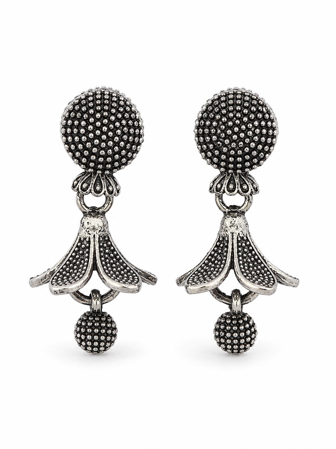 Oxidised Silver Floral Drop Earrings for Women | Textured Ethnic Statement Earrings
