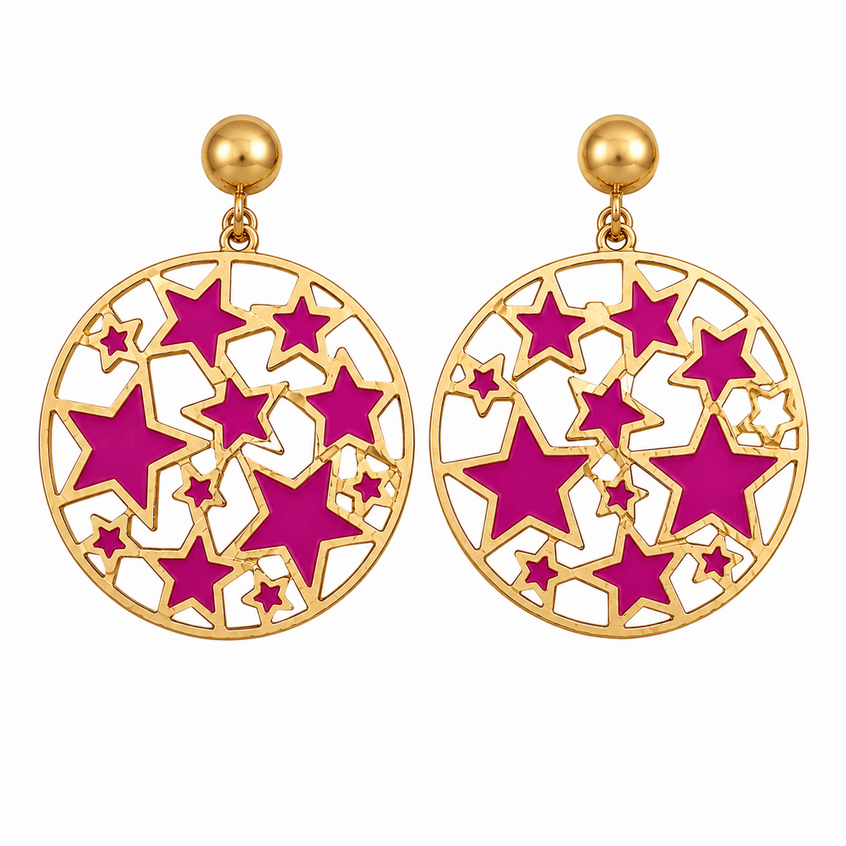 Gold Tone Pink Star Round Drop Earrings for Women | Modern Statement Earrings