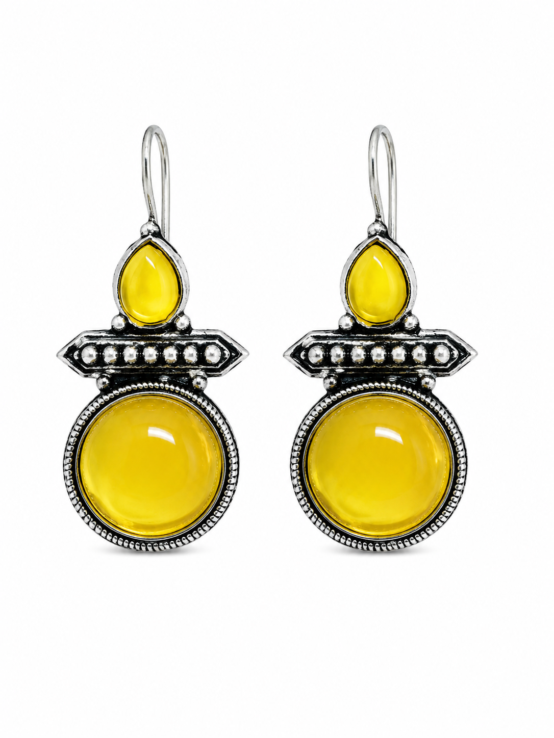 Oxidised Silver Yellow Stone Drop Earrings for Women | Ethnic Statement Earrings