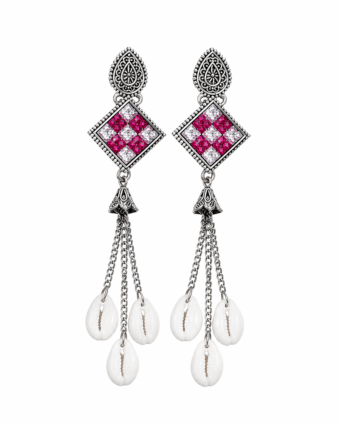 Oxidised Silver Rani Pink Stone Cowrie Shell Long Drop Earrings for Women