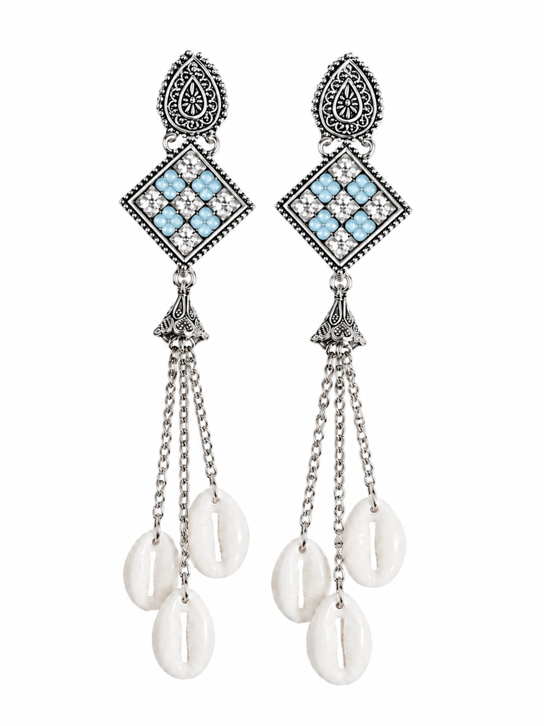 Oxidised Silver Sky Blue Stone Cowrie Shell Long Drop Earrings for Women