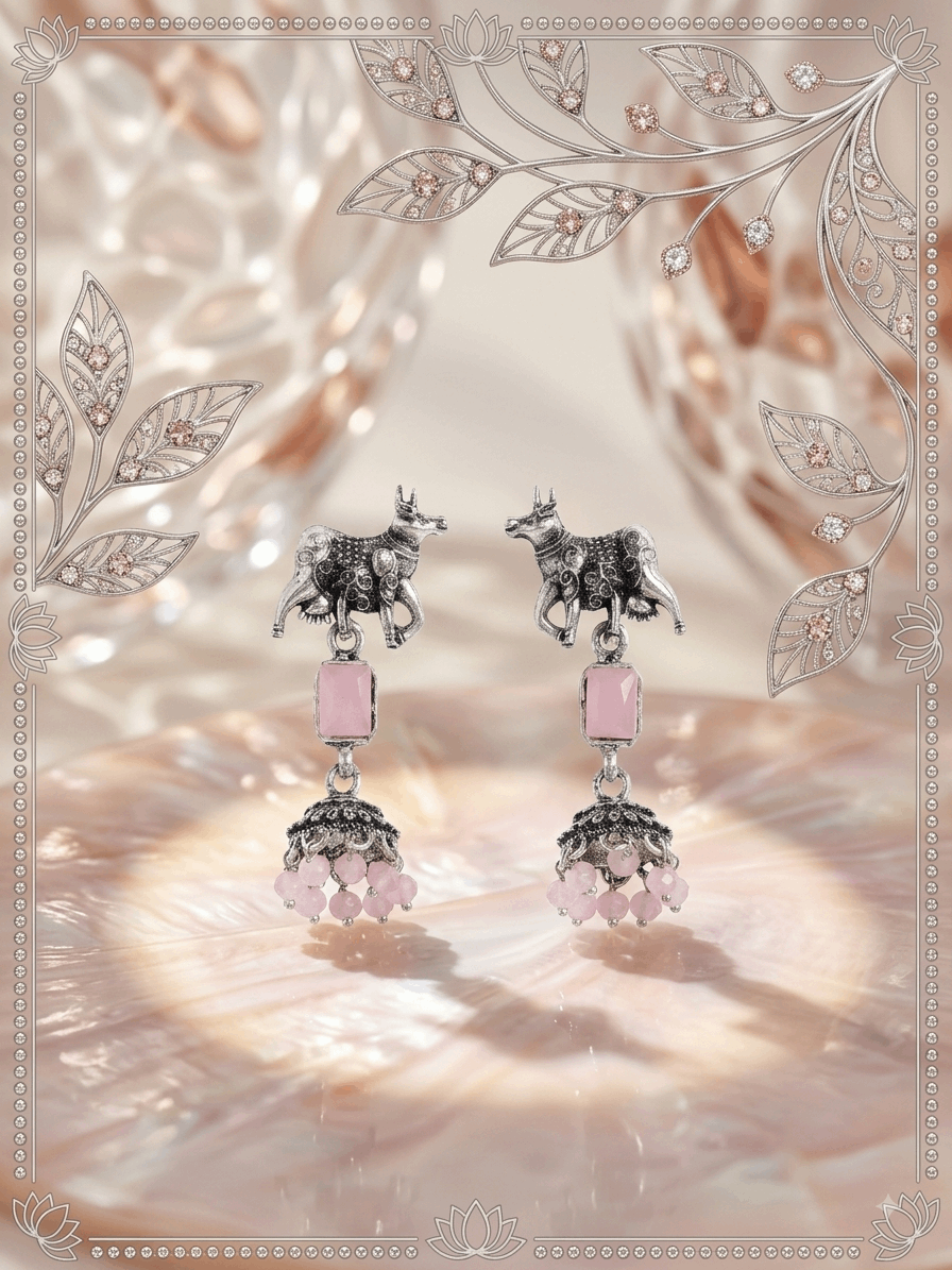 Oxidised Silver Cow Motif Pink Stone Jhumka Earrings for Women
