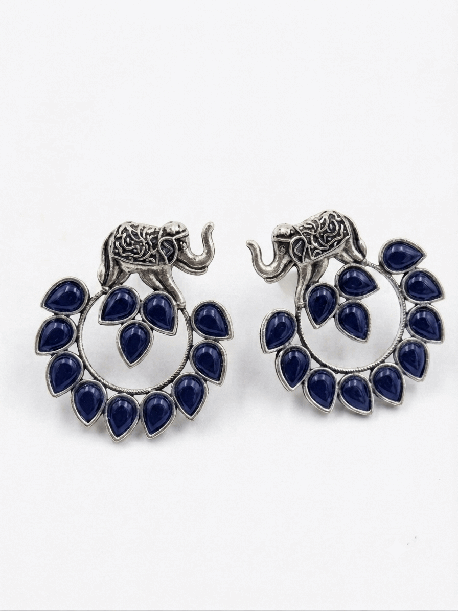 Oxidised Silver Elephant Navy Blue Stone Hoop Earrings for Women
