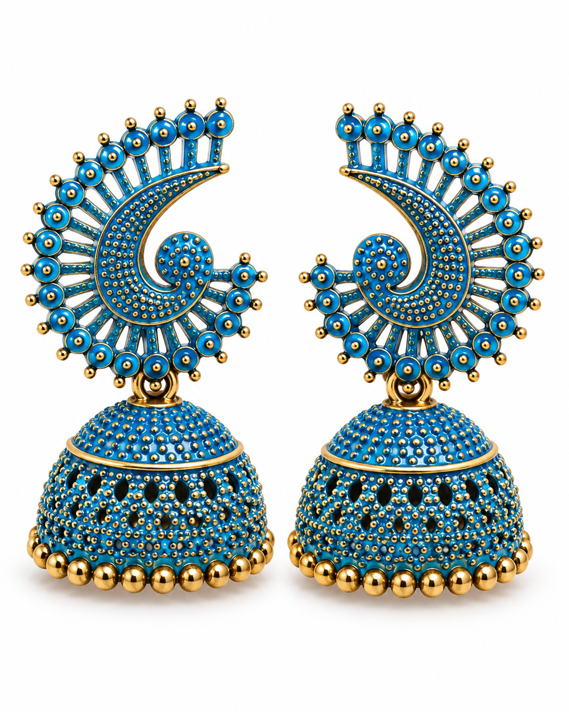 Turquoise Blue & Gold Peacock Spiral Jhumka Earrings for Women
