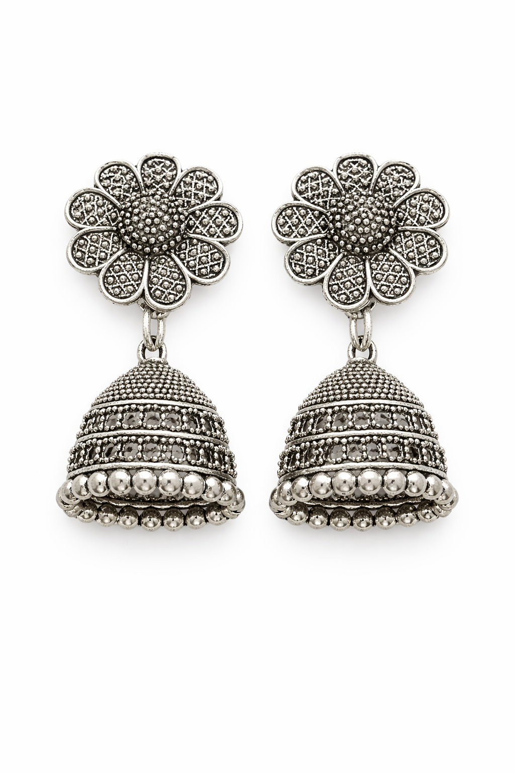 Oxidised Floral Jhumka Earrings for Women Antique Silver Dome Earrings