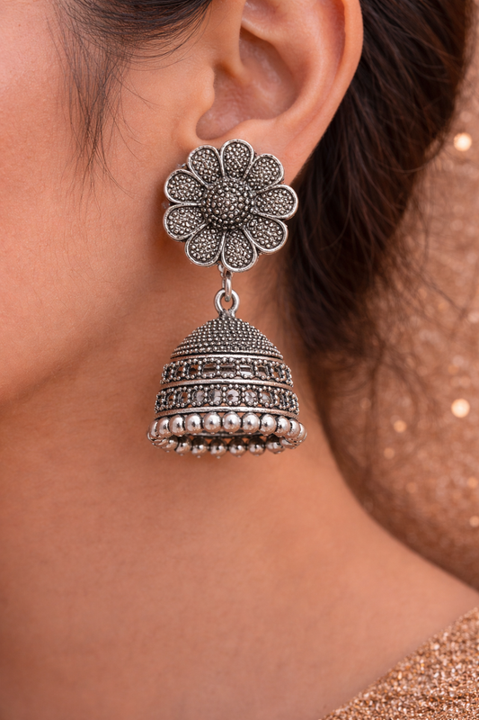 Oxidised Floral Jhumka Earrings for Women Antique Silver Dome Earrings