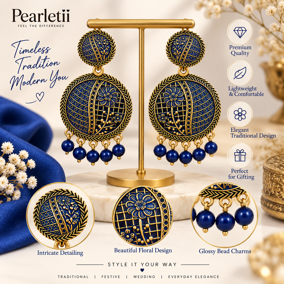 Royal Blue & Antique Gold Floral Round Drop Earrings with Bead Charms for Women