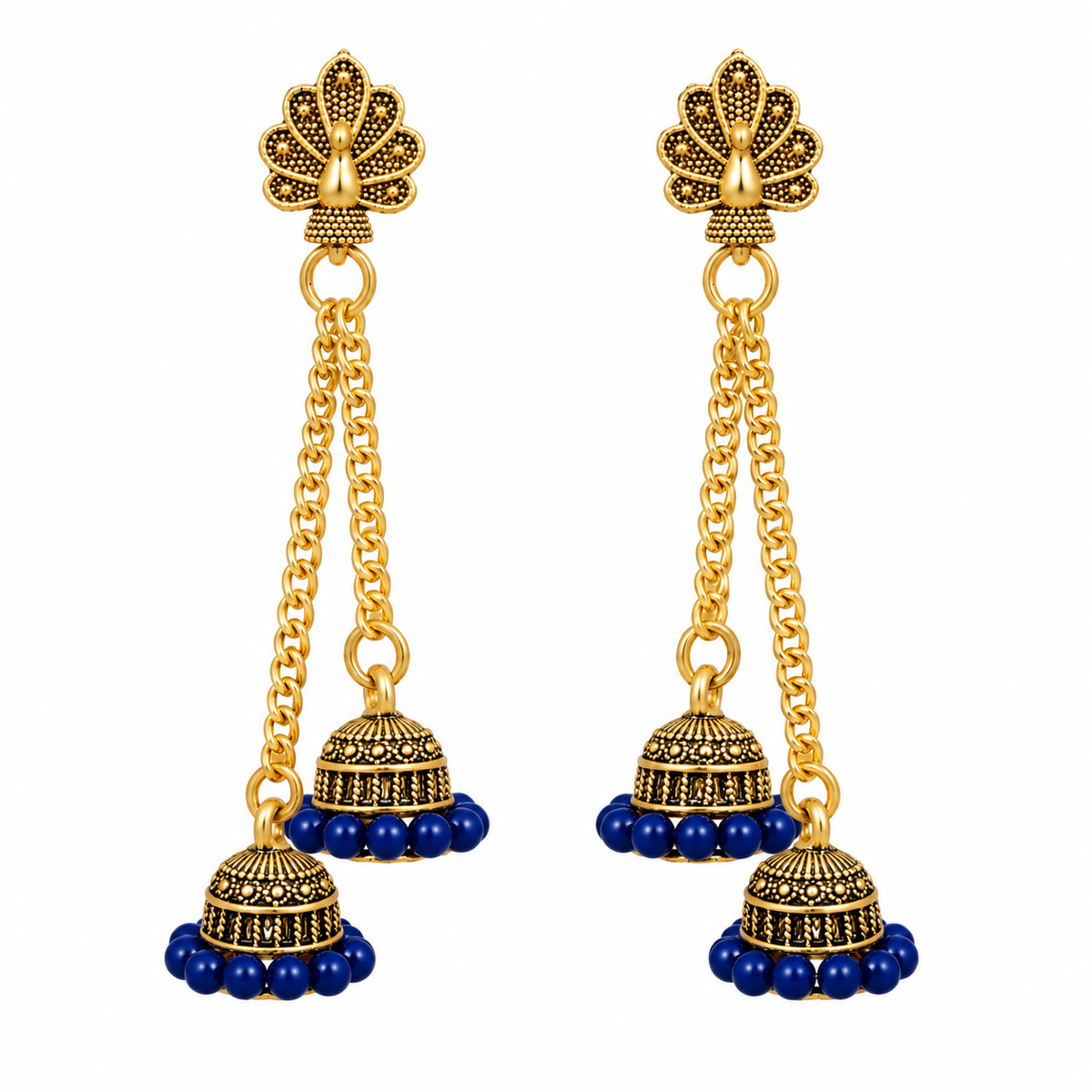 Antique Gold Peacock Double Jhumka Chain Earrings with Navy Blue Beads for Women