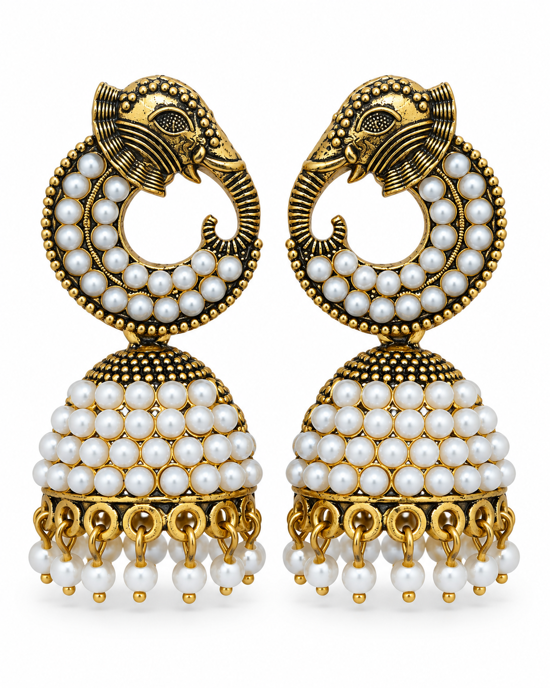 Antique Gold Elephant Pearl Jhumka Earrings for Women