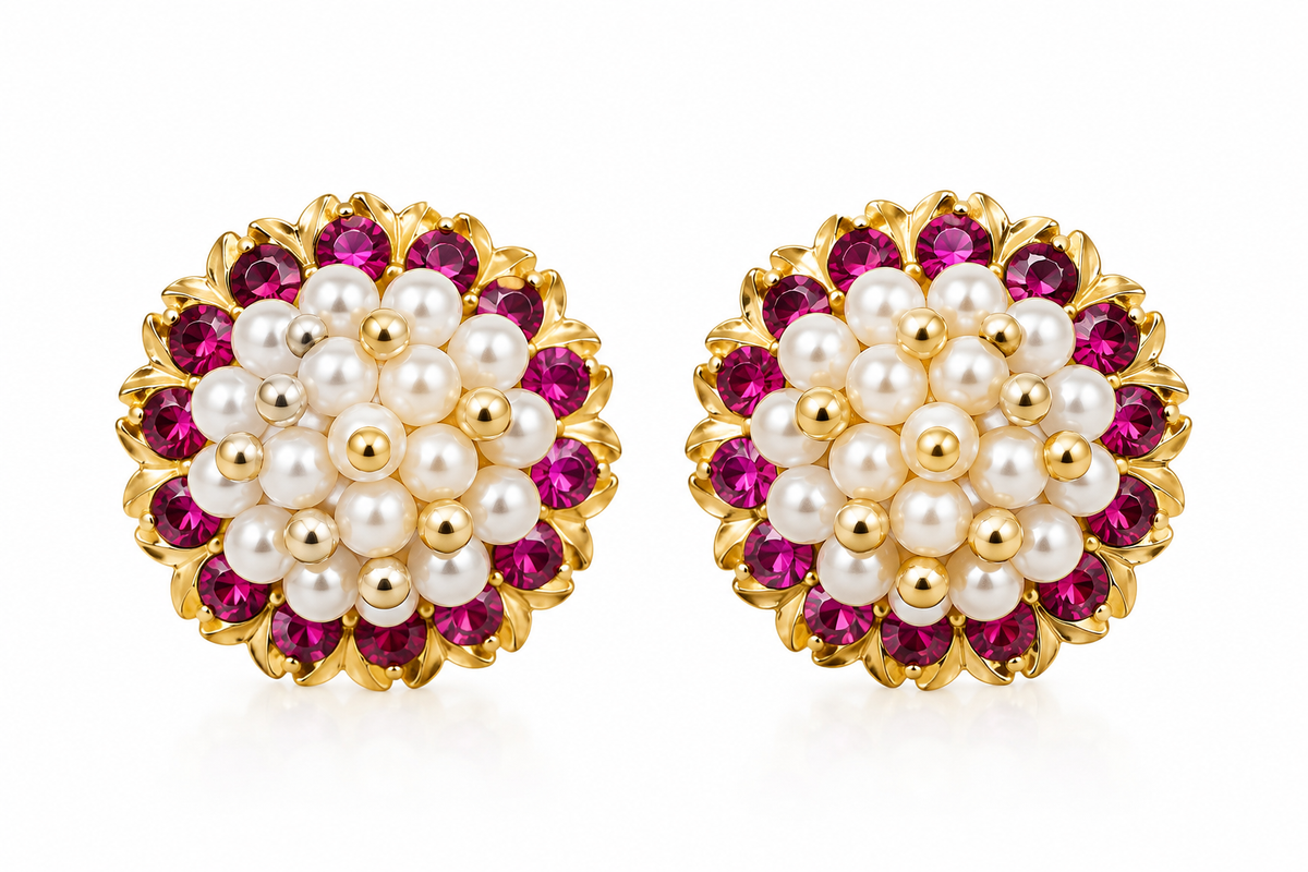 Rani Pink Stone & Pearl Floral Stud Earrings for Women