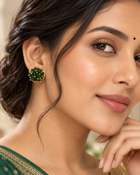 Emerald Green Crystal Cluster Stud Earrings with Gold Bead Accents for Women