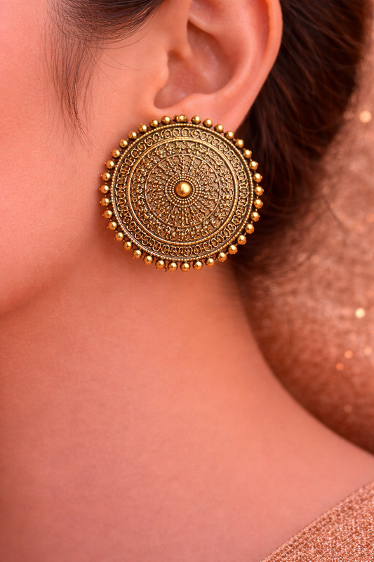 Antique Gold Round Stud Earrings for Women Tribal Design Earrings