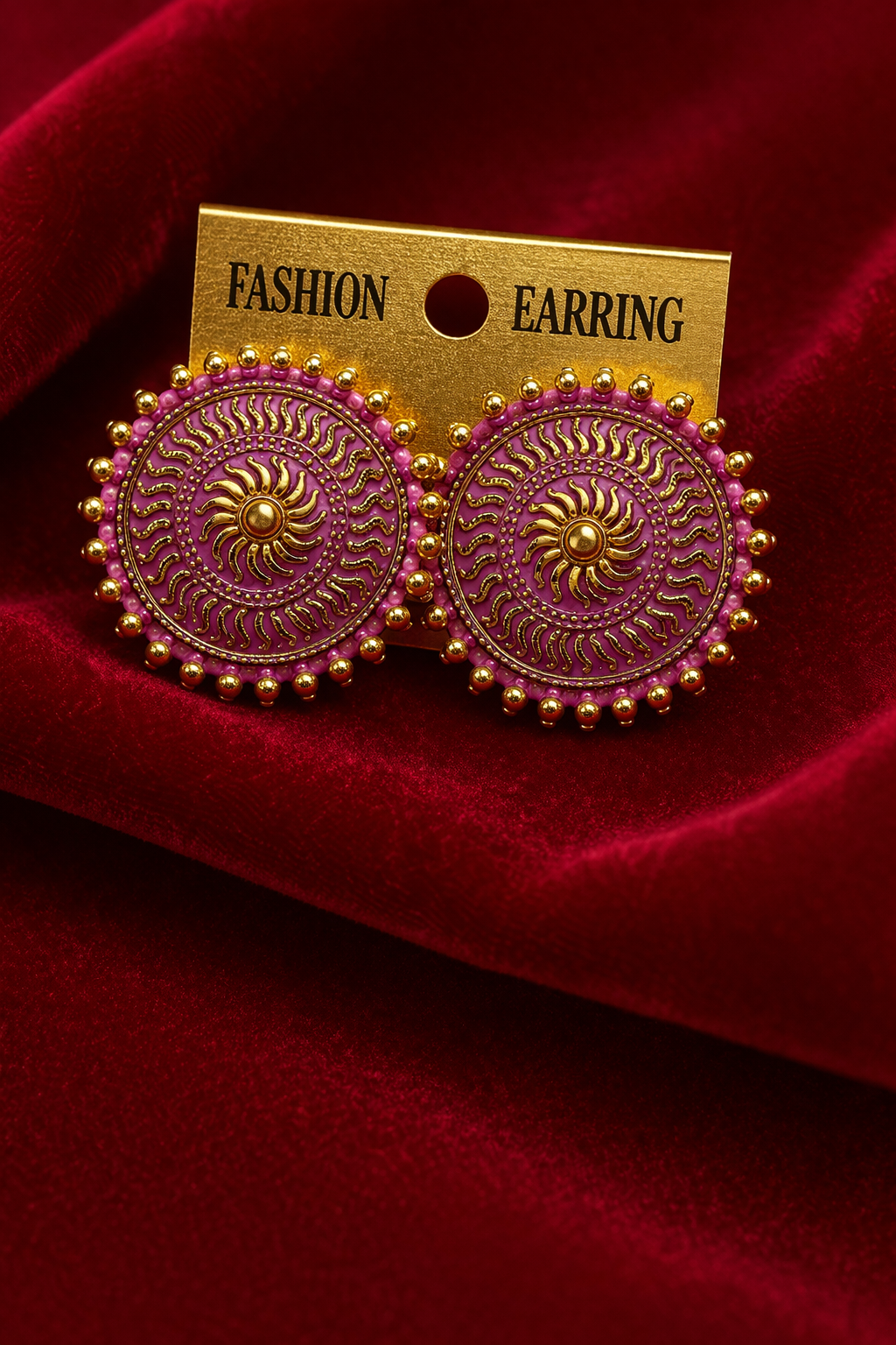 Pink Gold Round Stud Earrings for Women Sun Design Earrings