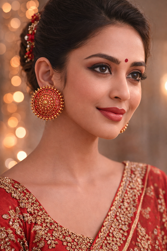 Red Gold Round Stud Earrings for Women Sun Design Earrings