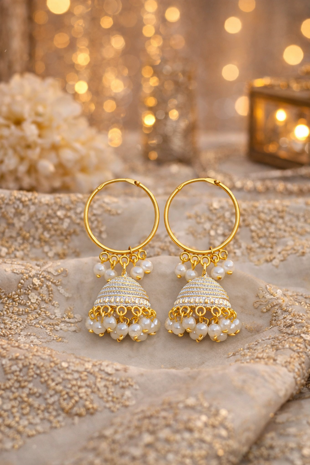 Pearl Jhumka Hoop Earrings for Women Gold White Beaded Jhumki
