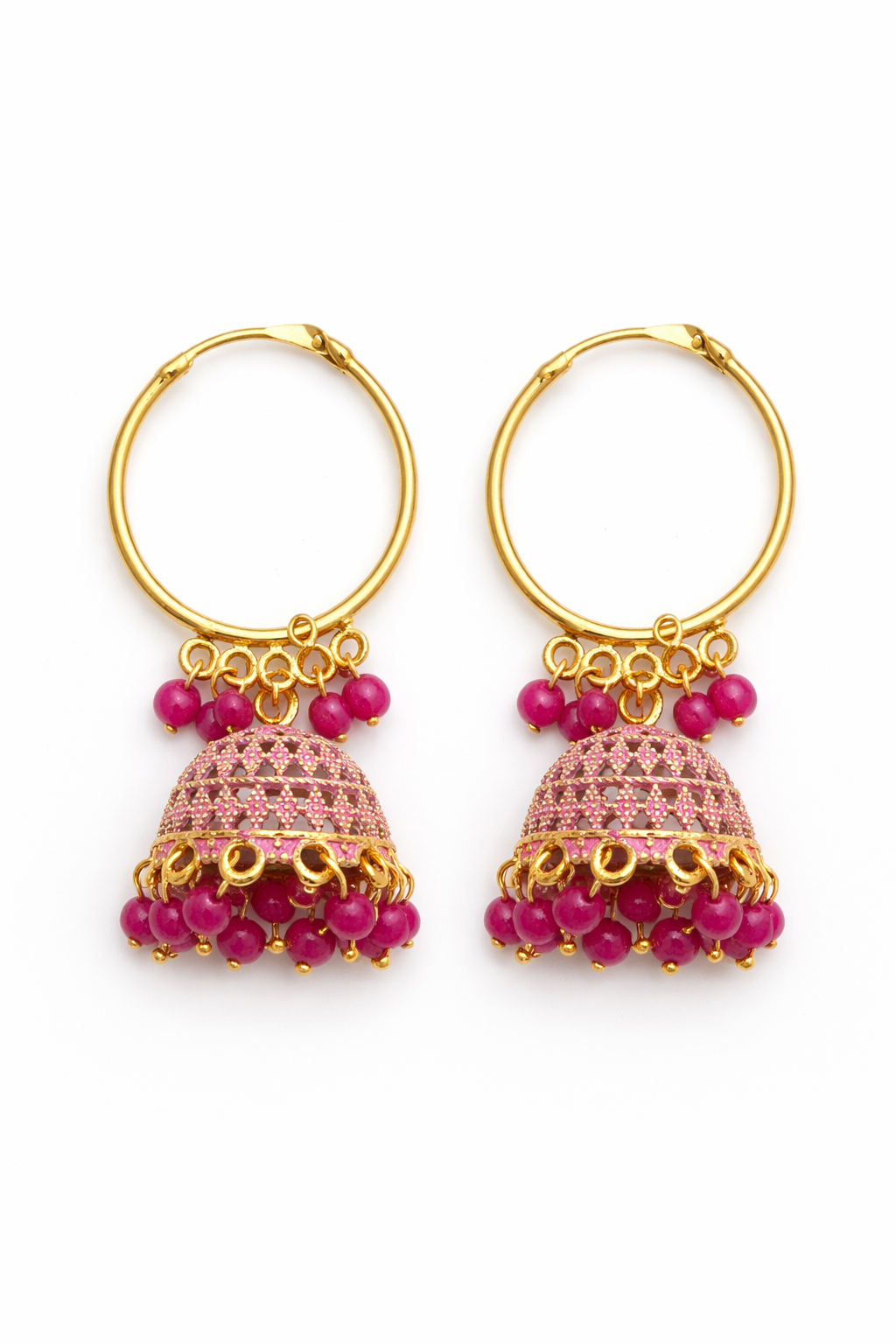 Pink Beaded Jhumka Hoop Earrings for Women Ethnic Gold Jhumki