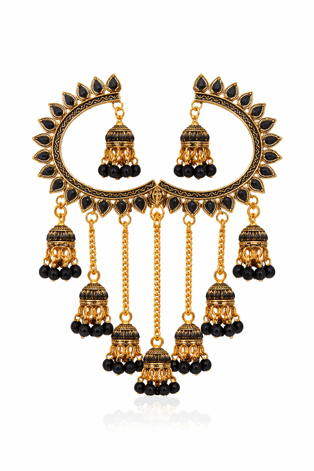 Gold-Tone Chandbali Earrings with Black Stone & Jhumka Drops