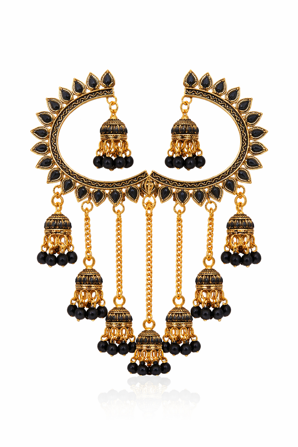 Gold-Tone Chandbali Earrings with Black Stone & Jhumka Drops