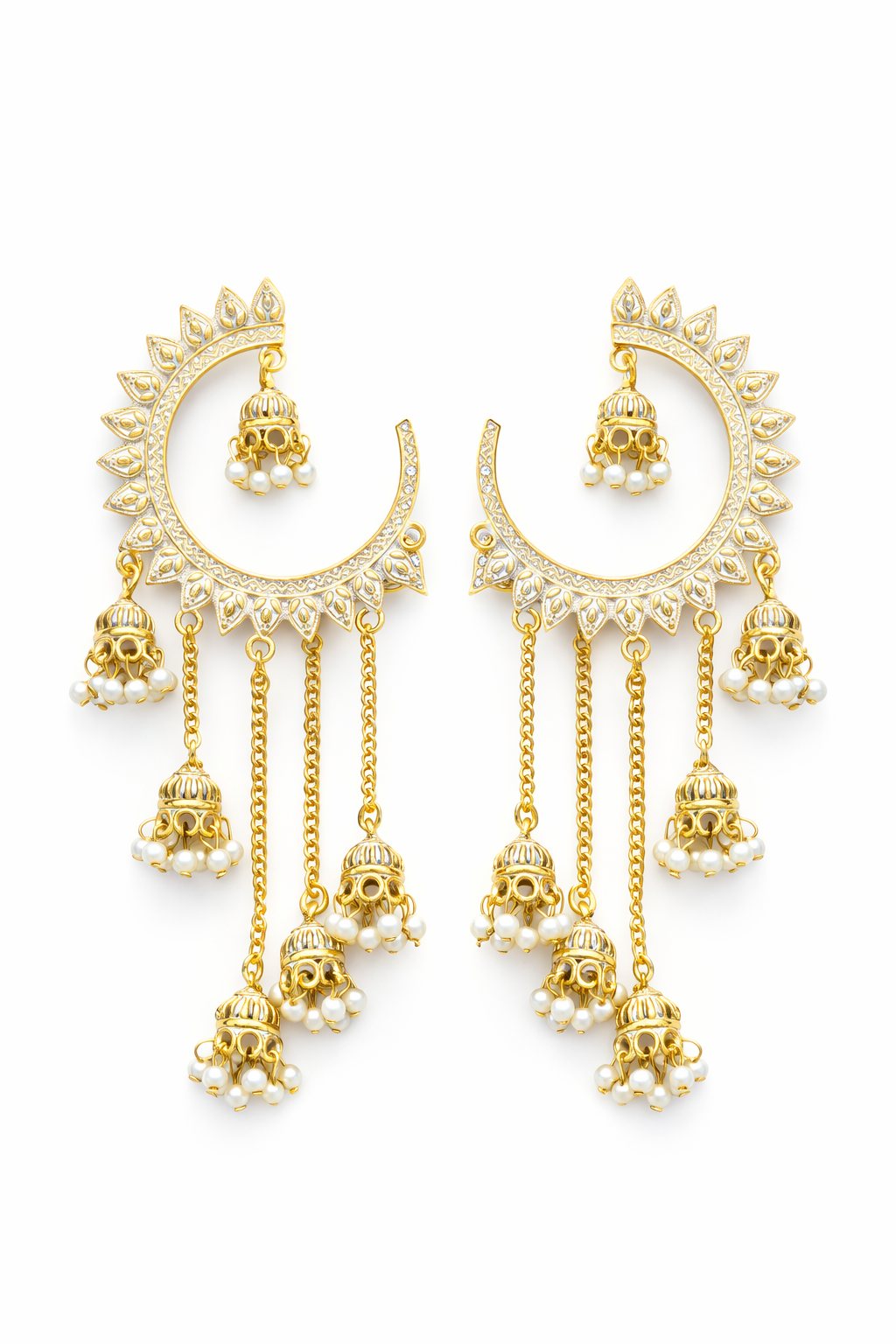 Gold-Tone Chandbali Earrings with White Pearl Beads & Jhumka Drops