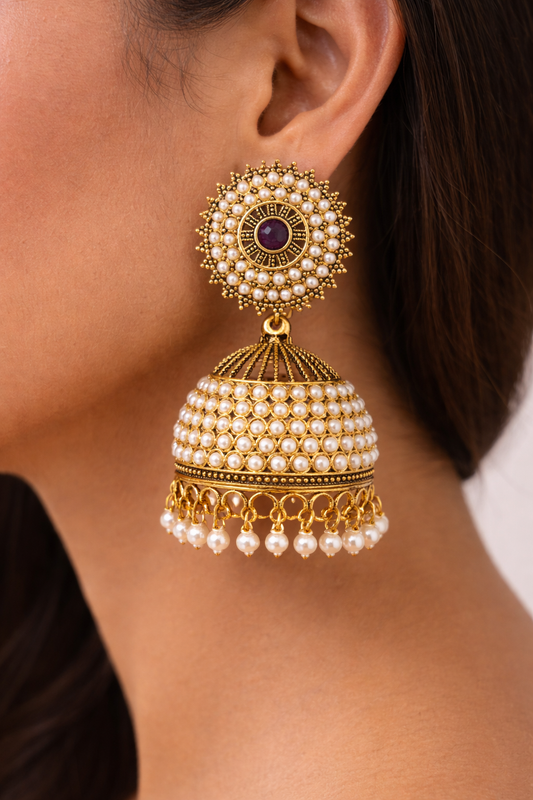 Gold Pearl Jhumka Earrings for Women Kundan Style Party Wear Bridal