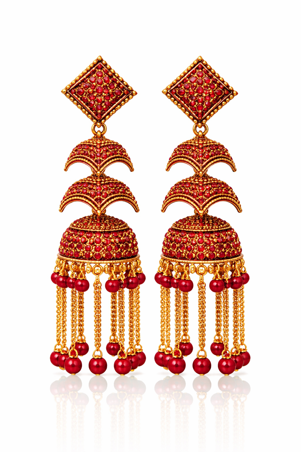 Red Stone Heavy Jhumka Earrings for Women Party Wear Bridal Chain