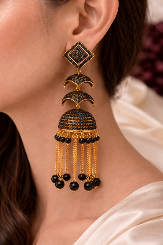 Black Stone Heavy Jhumka Earrings for Women Party Wear Bridal Chain