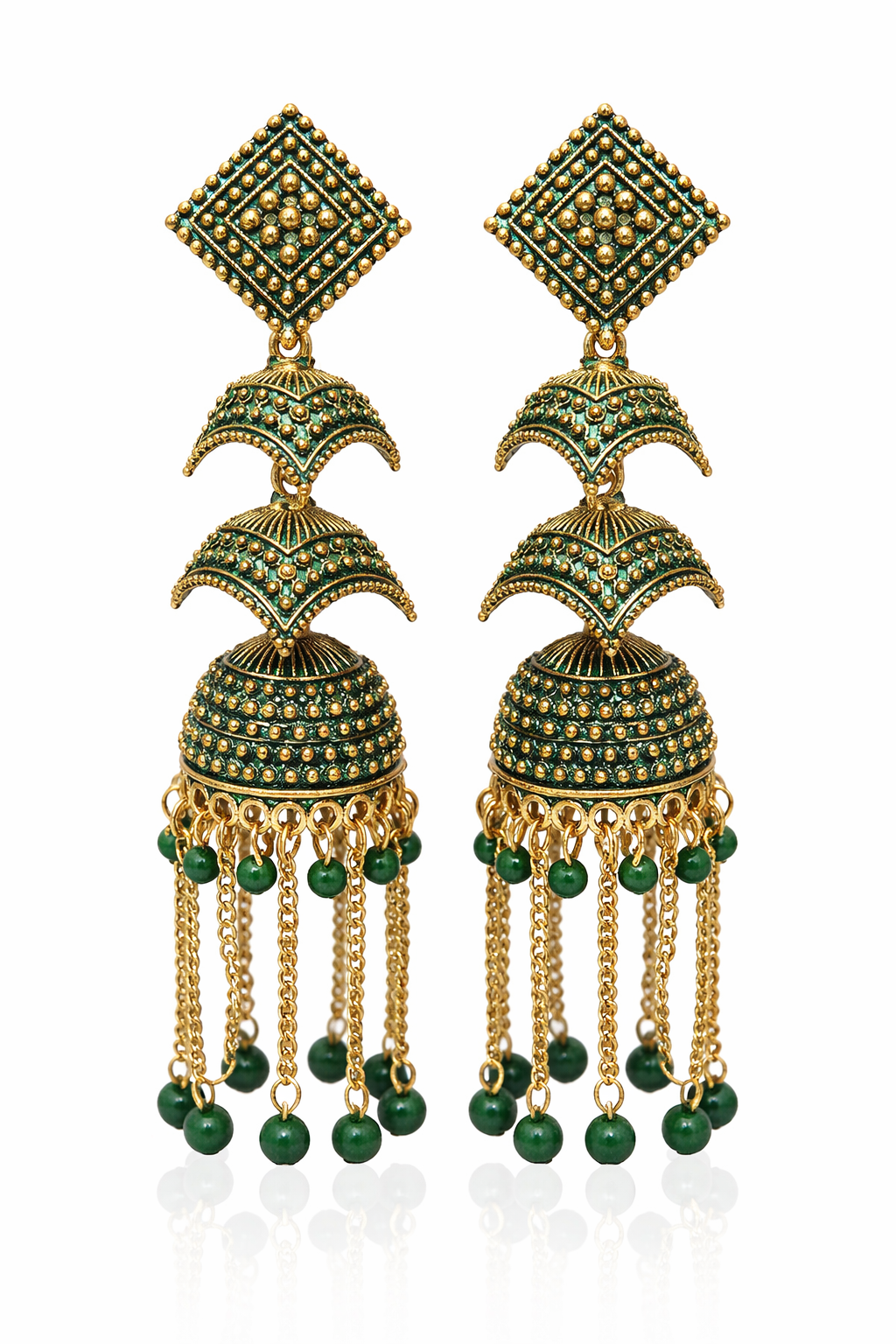 Green Layered Jhumka Earrings with Chain Drops for Women