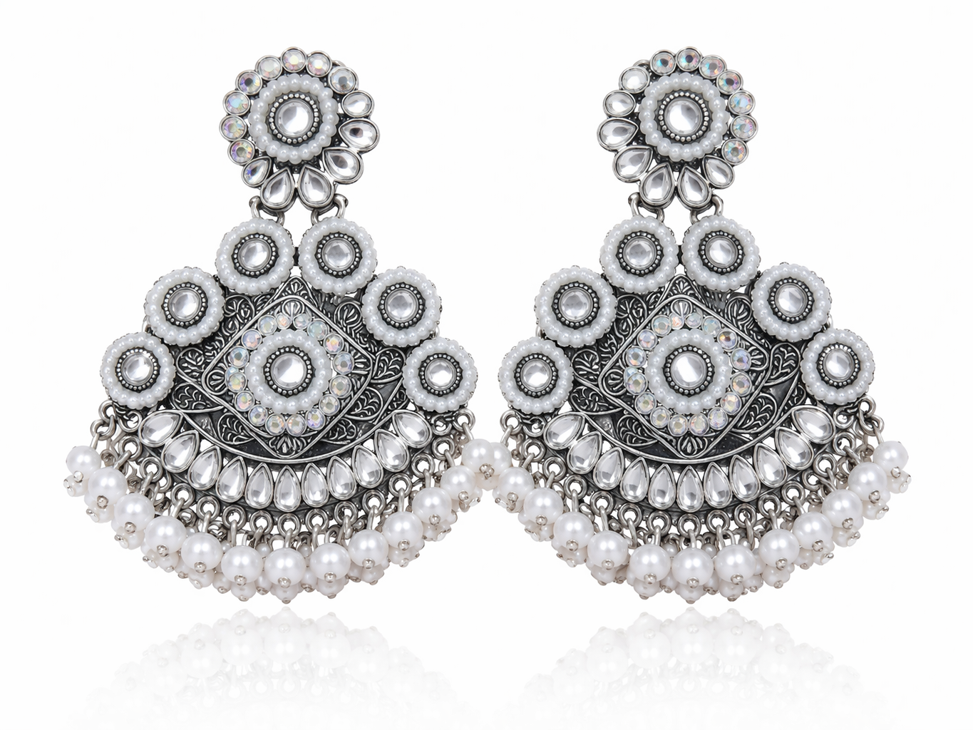 White Pearl Oxidised Chandbali Earrings for Women Party Wear Statement