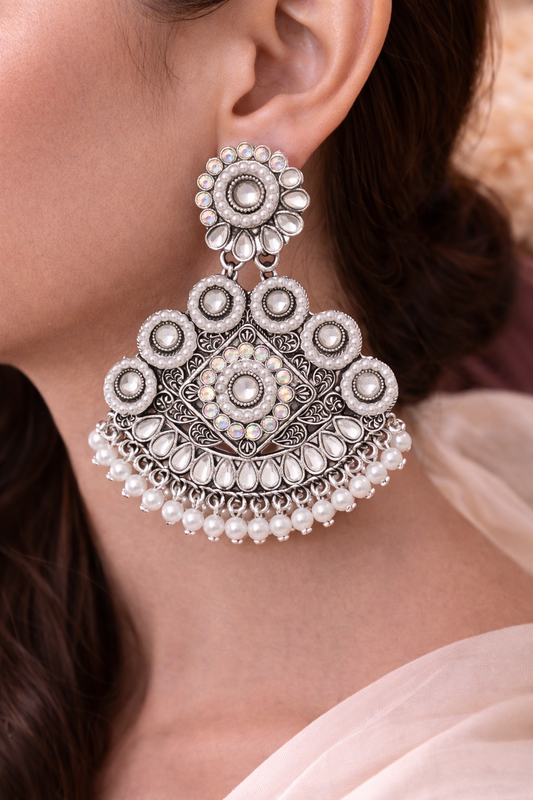 White Pearl Oxidised Chandbali Earrings for Women Party Wear Statement
