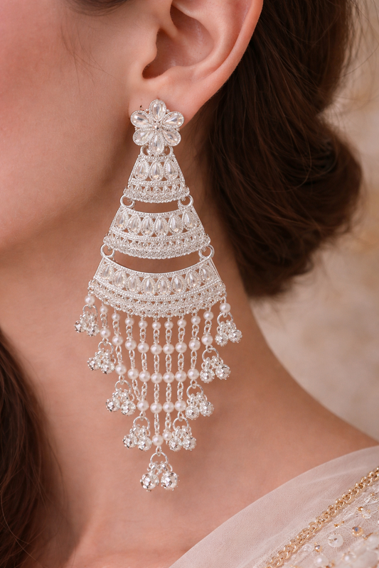 Silver Layered Chain Long Earrings for Women Party Wear Statement