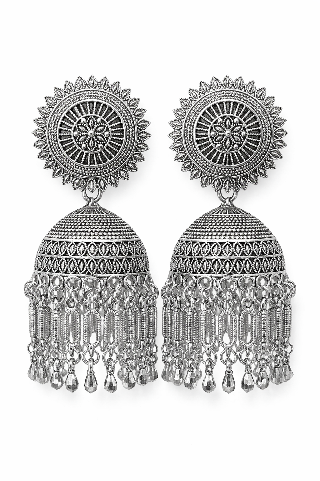 Silver Oxidised Jhumka Earrings with Chain Tassels for Women Ethnic Wear
