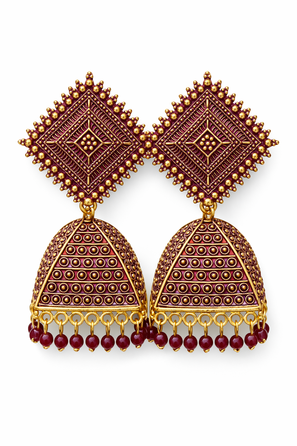 Pink Gold Triangle Dome Jhumka Earrings with Beads for Women Ethnic Wear