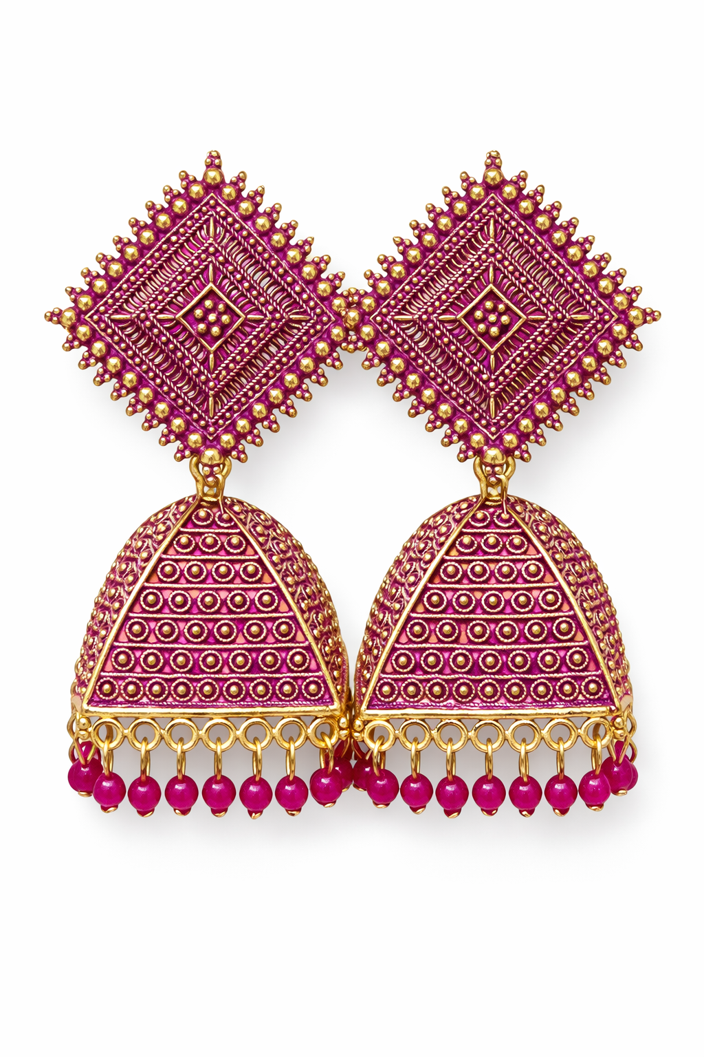 Gold Triangle Dome Jhumka Earrings with Beads for Women Ethnic Wear