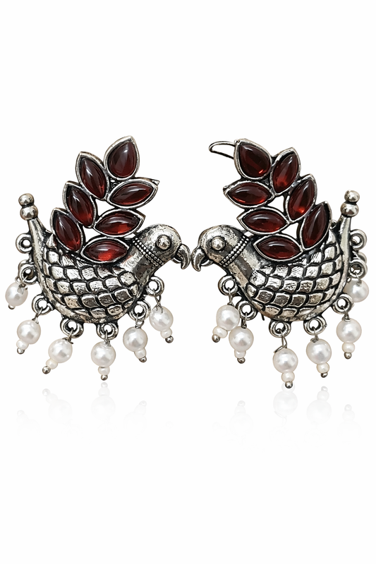 Silver Oxidised Bird Earrings with Red Stones and Pearls for Women Ethnic Wear