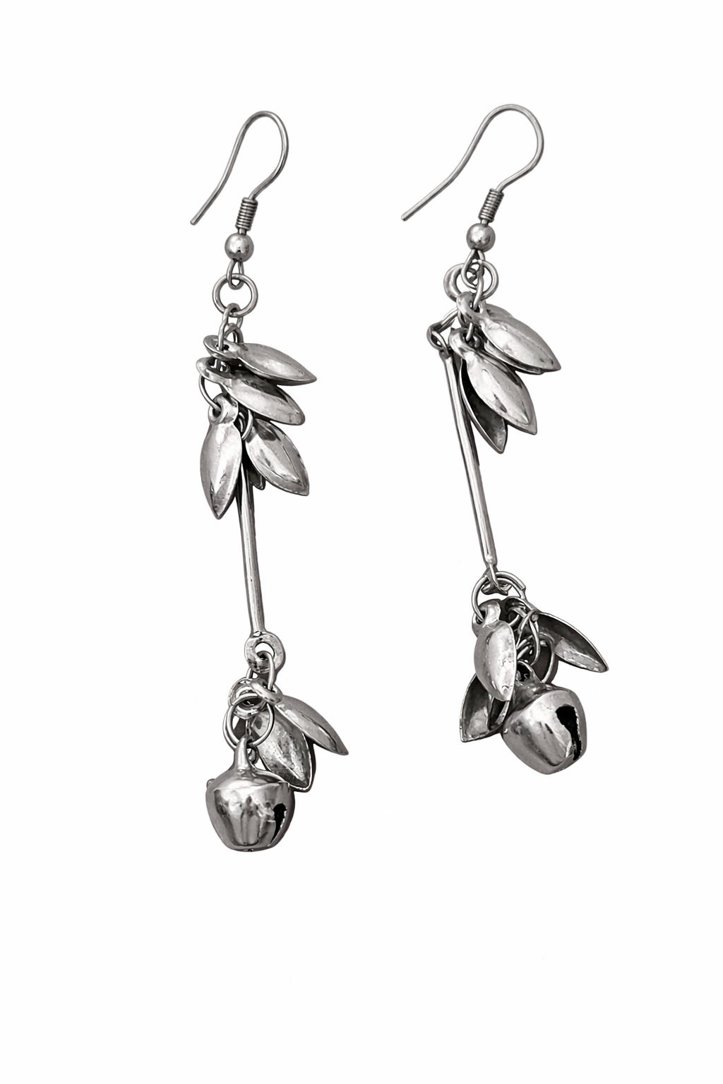 Silver Oxidised Leaf Long Earrings with Ghungroo for Women Party Wear