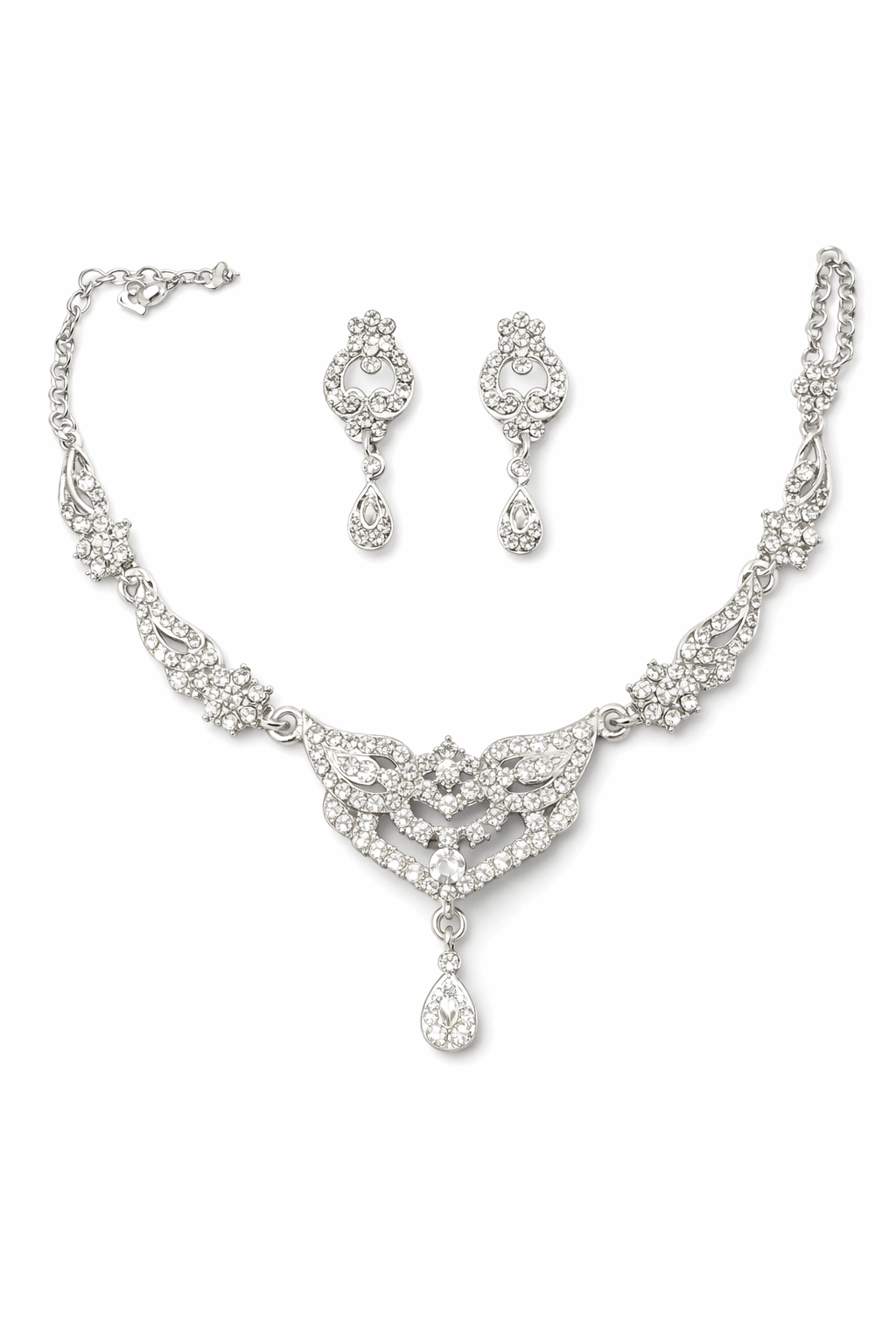 Silver Crystal Bridal Necklace Set with Earrings for Women