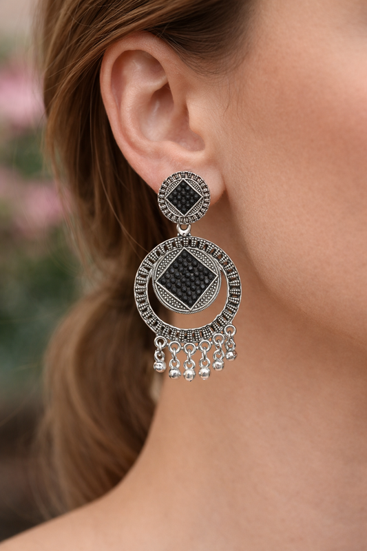 Oxidised Silver Black Stone Earrings with Hanging Beads