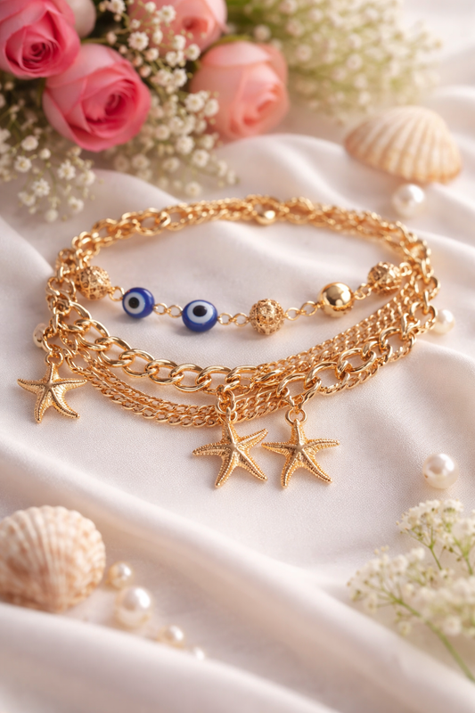 Gold Charm Layered Bracelet with Evil Eye & Starfish Charms for Women