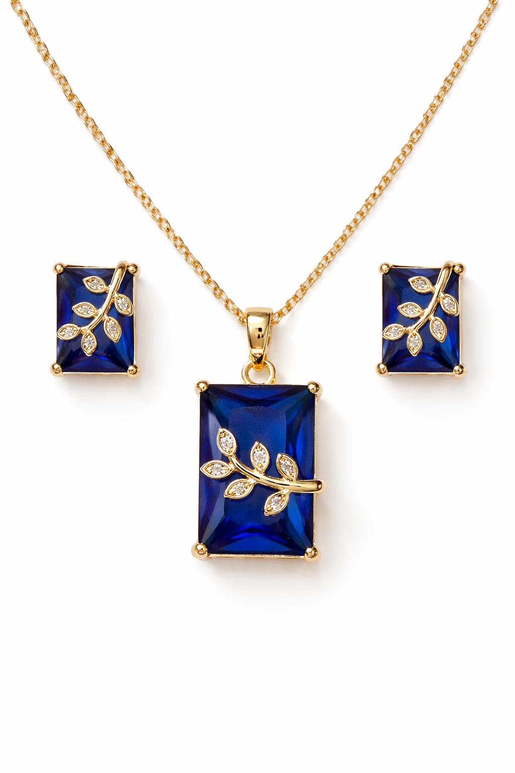 Royal Blue Stone Pendant Necklace Set with Leaf Design for Women