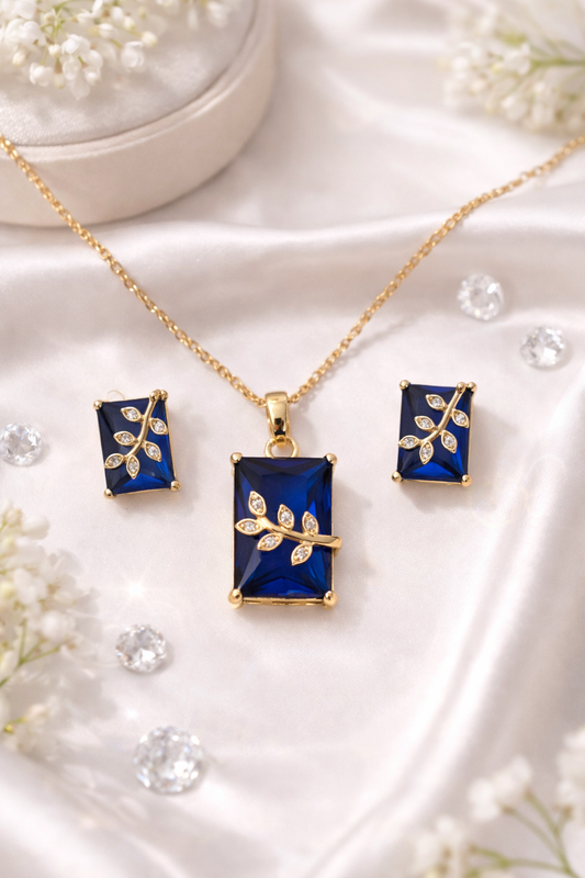 Royal Blue Stone Pendant Necklace Set with Leaf Design for Women