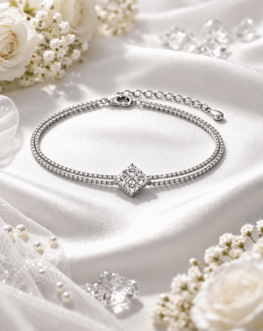 Silver Crystal Double Chain Bracelet with Square Stone for Women