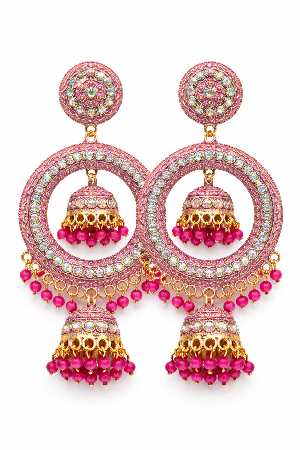 Pink Chandbali Jhumka Earrings with Beads for Women