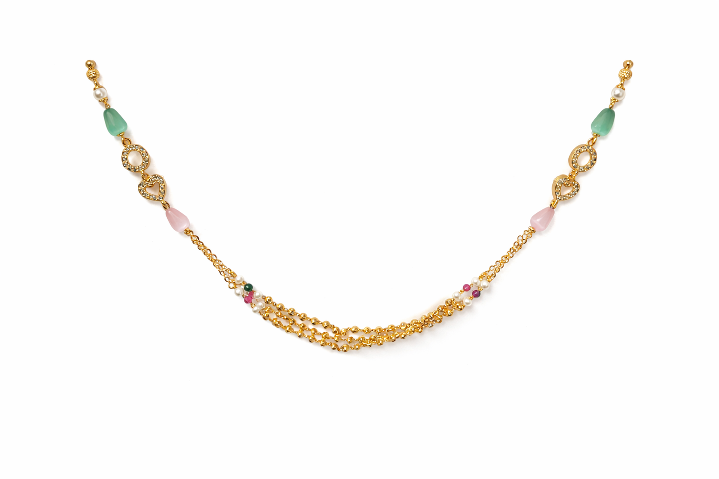 Gold-Plated Multicolor Bead Chain Heart Charm Layered Necklace