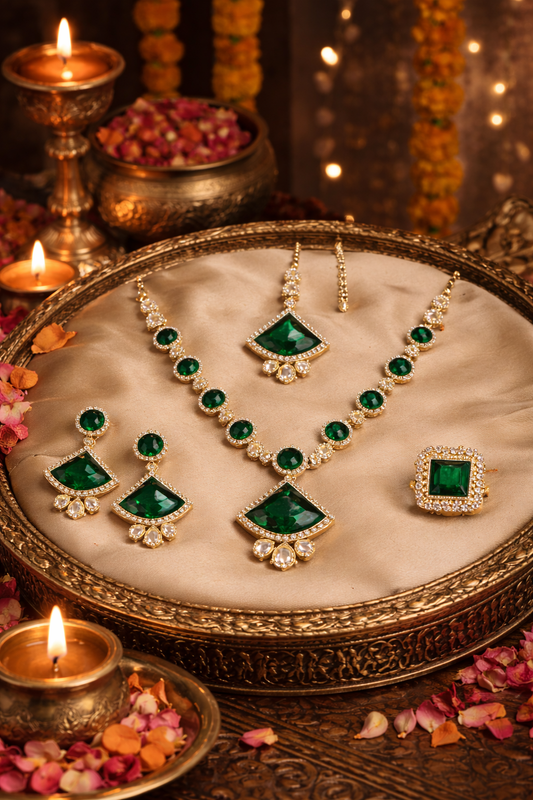 Gold-Plated Green Stone Necklace Set with Earrings, Maang Tikka & Ring