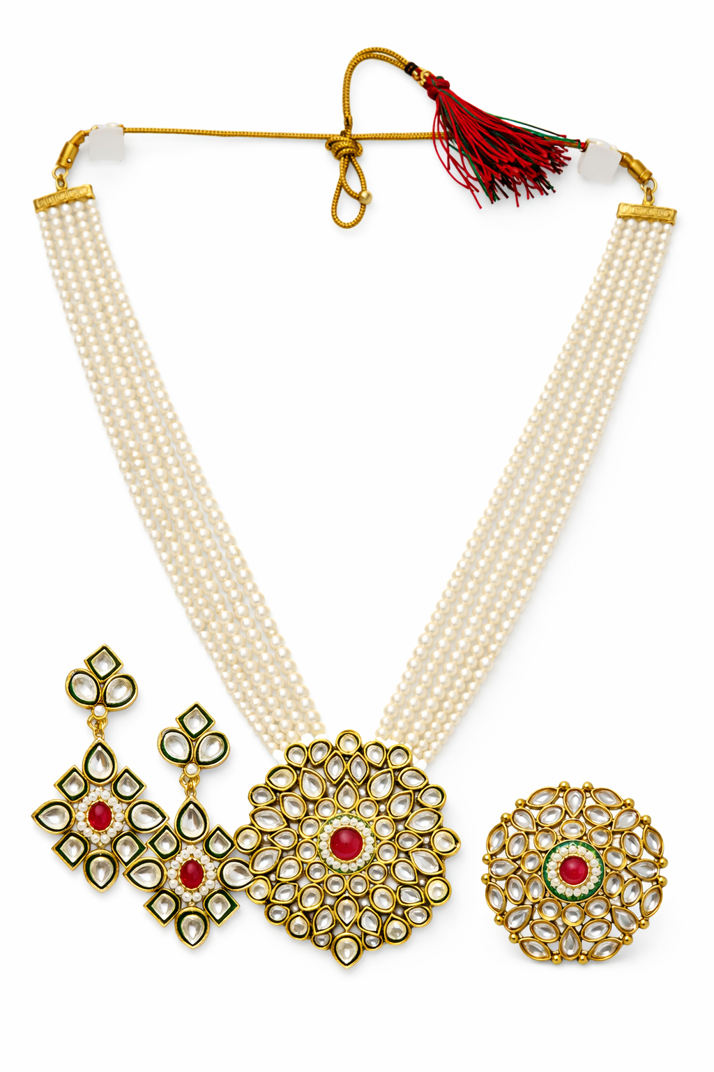 Gold-Plated Pearl Kundan Necklace Set with Earrings & Ring
